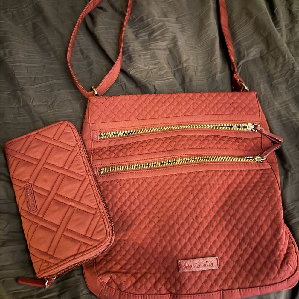 Vera Bradley Quilted Burgundy Crossbody Bag and Wallet Set